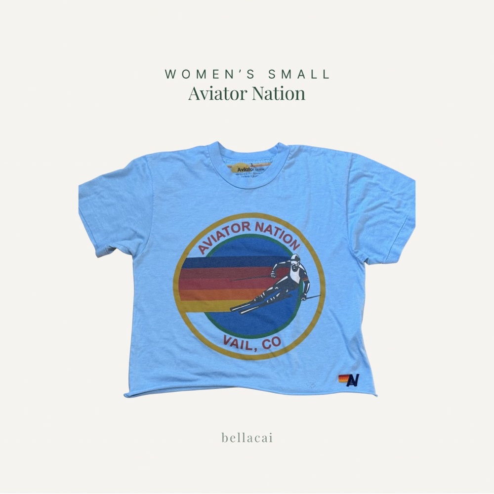 Aviator Nation | Women's Vail CO Ski Graphic Cropped Tee Blue Vintage Style XS